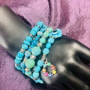 One-of-a-Kind Evil Eye Howlite, Heishi Turquoise, Magnesite, Pewter Bracelet Set